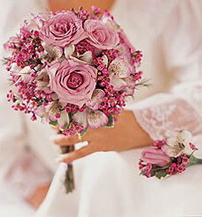 3 purple Roses, Alstromerias, Red Gravilia or Gypsophilias in wedding bouquet arrangement