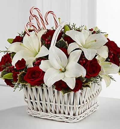6 White Asiatic Lilies, 8 red Roses, 15 red Carnations, Hypericum Berries, Christmas green fillers and 4 sugar canes.