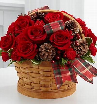 12 Red roses and 12 red mini carnations,pinecone,Hypericum Berries, Christmas green fillers