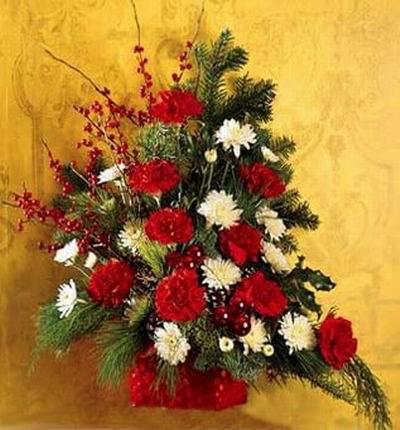 Christmas Flower Selection - Red and white color scheme, Carnations, Daisies, Hypericum berries, greens