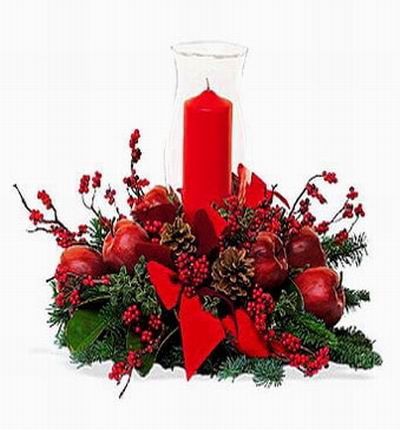 Christmas Flower Selection - Red apples and hypericum berries with candle table setting
