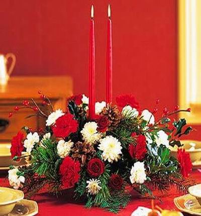 Christmas Flower Selection - Christmas red and white theme table setting with candles, Roses, Carnations