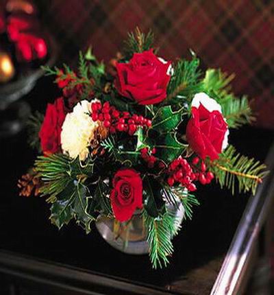 Christmas Flower Selection - Red Roses and white Carnations, hypericum berries, greens