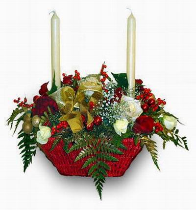 Christmas Flower Selection - Red and white theme table setting with candles, hypericum berries, Roses, Baby Breath and greens
