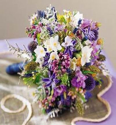 Hyacinth, purple Orchids, white Orchids and ivy
