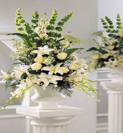 5 white Roses, 5 white Lily buds, Stocks and white freesias mix display