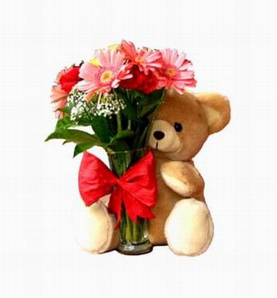 Small Teddy Bear (approx 20 cm) with small arrangement of Daisies and Baby Breath with vase