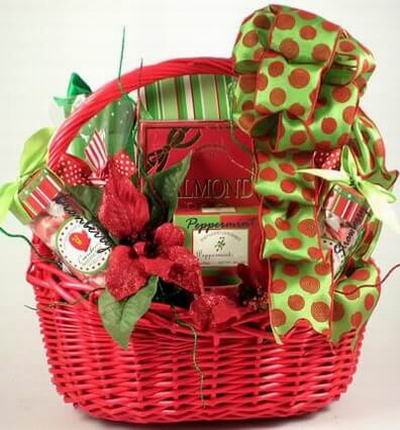Basket of Almond Rocher Candies, Peppermints, Cranberry and Strawberry Taffy Candies. Based on availability the Taffy candy may be substituted.