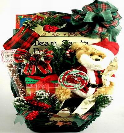 Basket of 1 Lolipop, 1 box of Cookies, 1 box of Candies, Stocking with 2 Chocolate Bars and a 15 cm Santa Clause Teddy Bear.