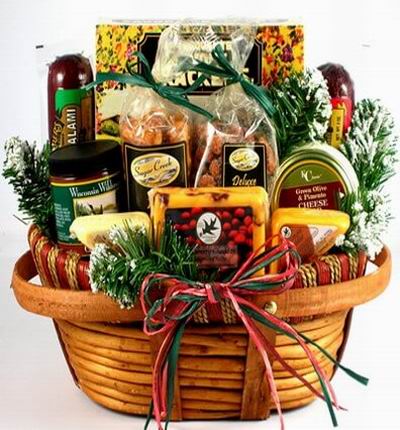 Basket of 4 types of Cheese, Sweet covered nuts, Crab Crackers, jar of Peanut Butter, 250g Salami Sausage, 250g Beef Sausage, and Crackers.