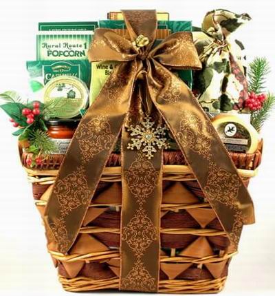 A basket of Popcorn, Cashew Nuts, Cheddar Cheese and Mozerella Cheese, Tomato Sause, Biscuits and Cookies.