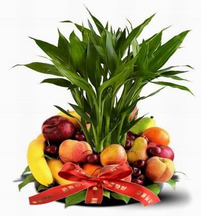 Fruit Basket of 1 Pineapple, 2 red Apples, 4 Peaches, 2 Pears, 3 Oranges, 2 Bananas, 10 Cherries and Lucky Bamboo stems in the middle.