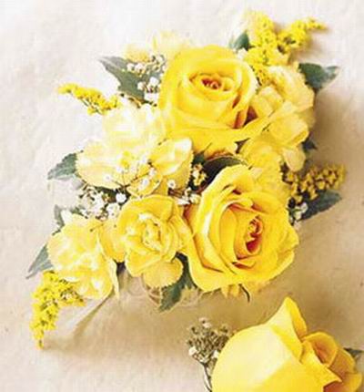 yellow Carnations,  yellow Roses and gypsophilas mix display