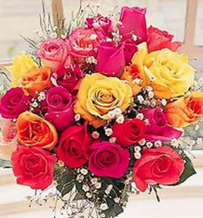 24 pink,red & yellow Roses and Baby Breath in clear crystal plastic wrapping