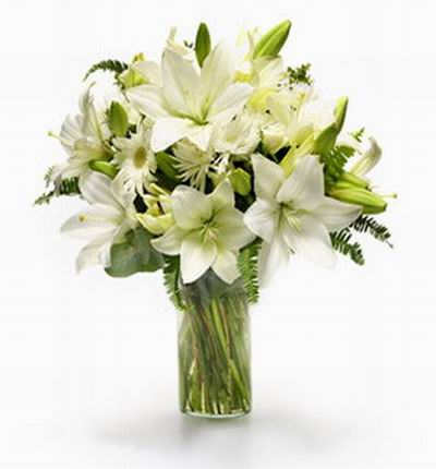 8 white Lily Buds, Daisies and fillers.