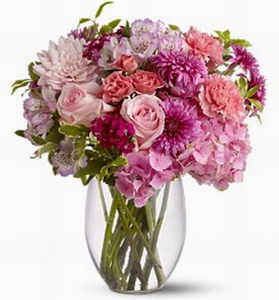 An assorted mix of Roses, Alstromerias, Chysanthemums, Hydrangea. Carnations and fillers.
