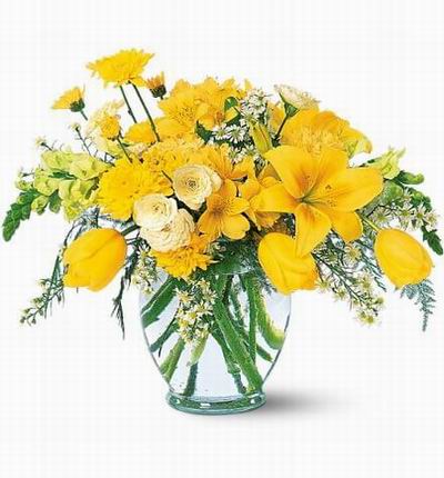 1 bright yellow Lily bud, Alstromerias, Carnations, Tulips and fillers.