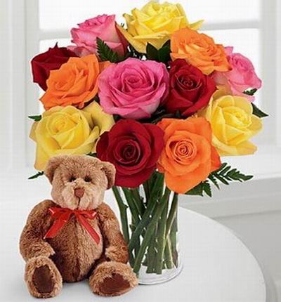 12 assorted color Roses with 15cm Teddy Bear.