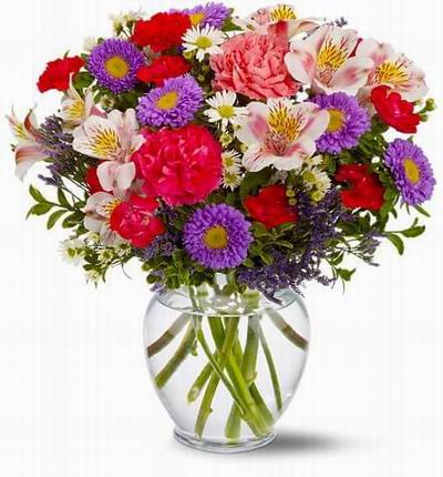Floral mix of Carnations, Alstromerias, Ball Poms and fillers in vase.