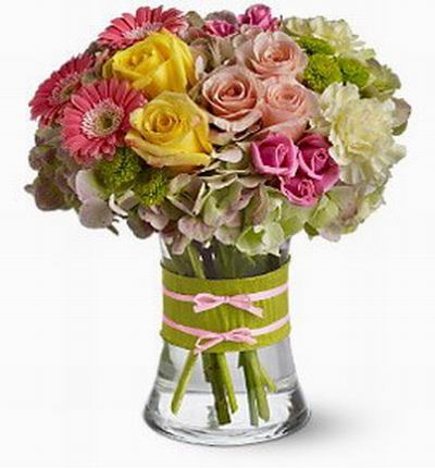 3 pink roses, 5 purple roses, 3 pink gerberas, 2 yellow roses, 3 white carnations and green 