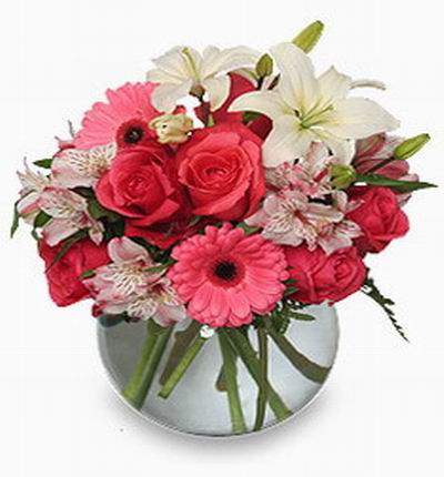 2 pink gerberas, 6 pink roses, Alstromerias, 2 white lilies and green