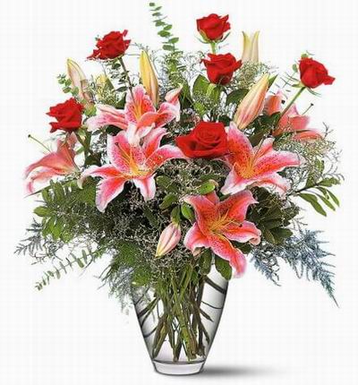 4 stem pink lilies (6 open buds), 6 red roses and green