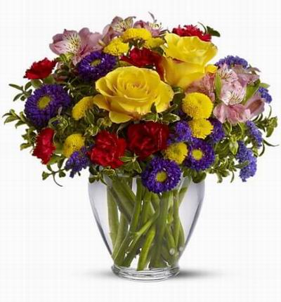 2 yellow roses, pink Alstromerias, red small carnations, purple daisies, yellow Ball Poms and green
