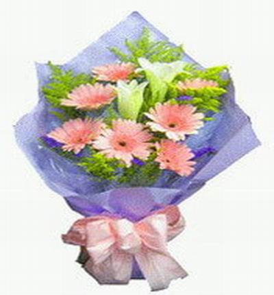7 pink Chrysanthemums or Daisies and 2 white Lily bud bouquet