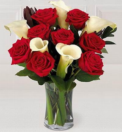 8 Red roses and 5 Calla lilies