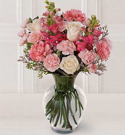 3 light baby pink roses, 9 light baby pink and 3 darker pink carnations with green fillers