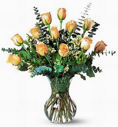 12 peach color Roses and green leaves and fillers.