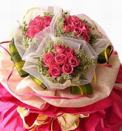 Triple bouquet of dark pink Roses. 7, 8, and 9 roses in each bouquet with fillers..