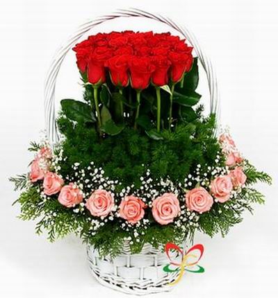 20 Roses above greenery, Baby's Breathe and 20 pink roses in a basket..