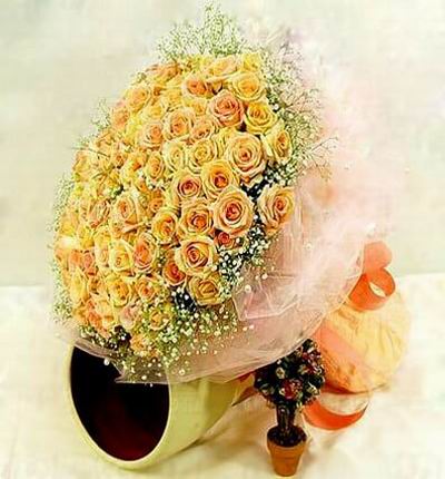 99 peach/champagne Roses with Baby's Breath and Greenery.