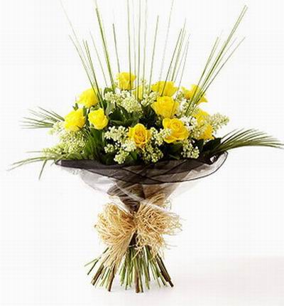 12 yellow Roses with Baby's Breath and greenery designs.