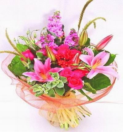 2 pink Lily buds, 6 pink Roses and Stock