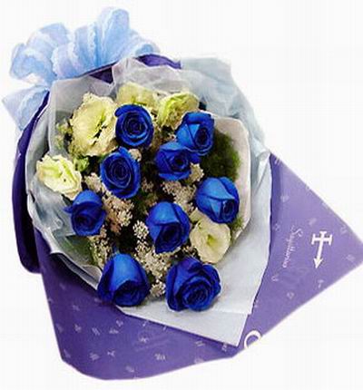 9 blue Roses with 5 eustomas and greenery.