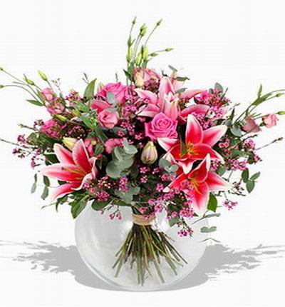 4 pink Lilies, 4 pink Roses and greenery fillers.