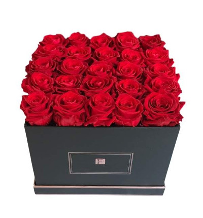 25 red roses in black box. If boxes are not available, please let us know alternatives.