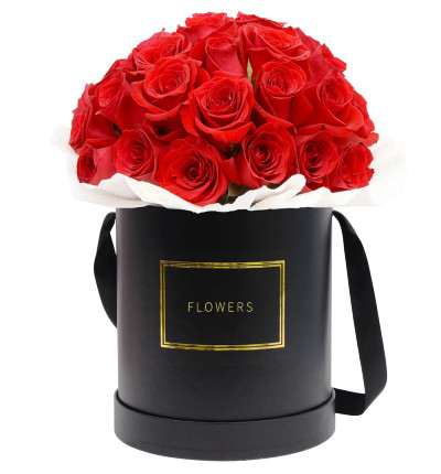 24 red roses in round black box. If boxes are not available, please let us know alternatives.