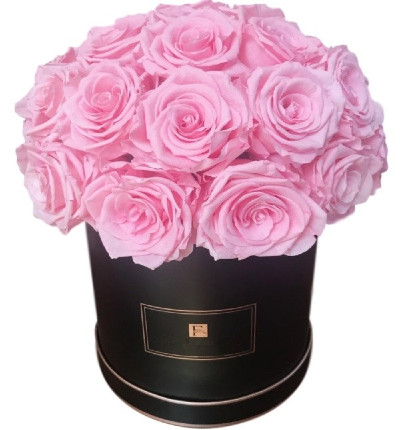 20 pink roses in round black box. If boxes are not available, please let us know alternatives.