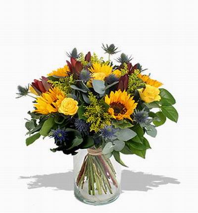 5 Sunflowers, 3 yellow Roses and assorted fillers.