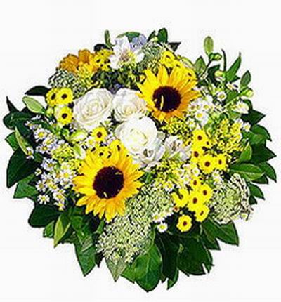 Bright floral mix, 2 Sunflowers, 3 white Roses, greens and fillers in simple wrapping