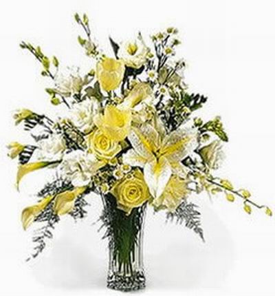 Premium white winter Lily and Rose mix - 3 white Roses, 5 white Carnations, 2 Tulips, 3 Callas, 1 Lily