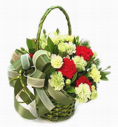 Basket of 12 white and 3 red Carnations with greenery.