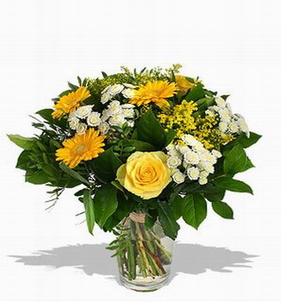 1 yellow Rose, 4 yellow Gerbera Daisies surrounded by yellow and white and greenery fillers.
