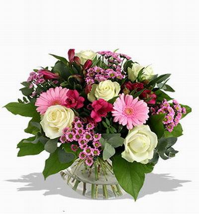 5 white Roses, 2 pink Gerbera Daisies surrounded by pink and red and greenery fillers.