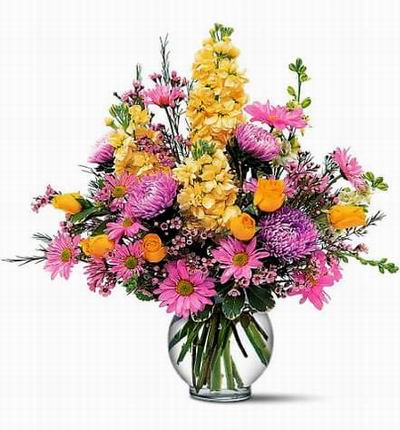 6 yellow Roses, 10 pink Daisies, 3 Chrysanthemums, Stock and fillers.