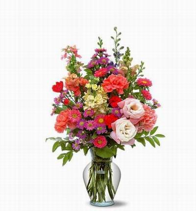 2 Eustomas, 3 pink Carnations and assorted Ball Poms with fillers.