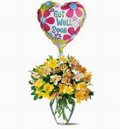 Alstromeria assorted mix with a helium balloon. If balloons are unavailable it will be substituted with a 15cm teddy bear.